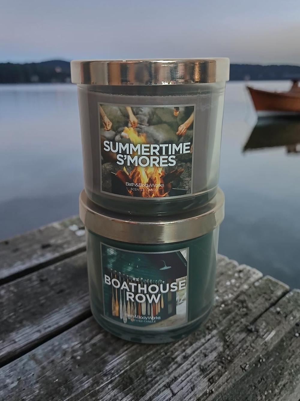 Bath & Body Works Green Summertime S'mores & Boathouse Row 2-Wick Candle Duo